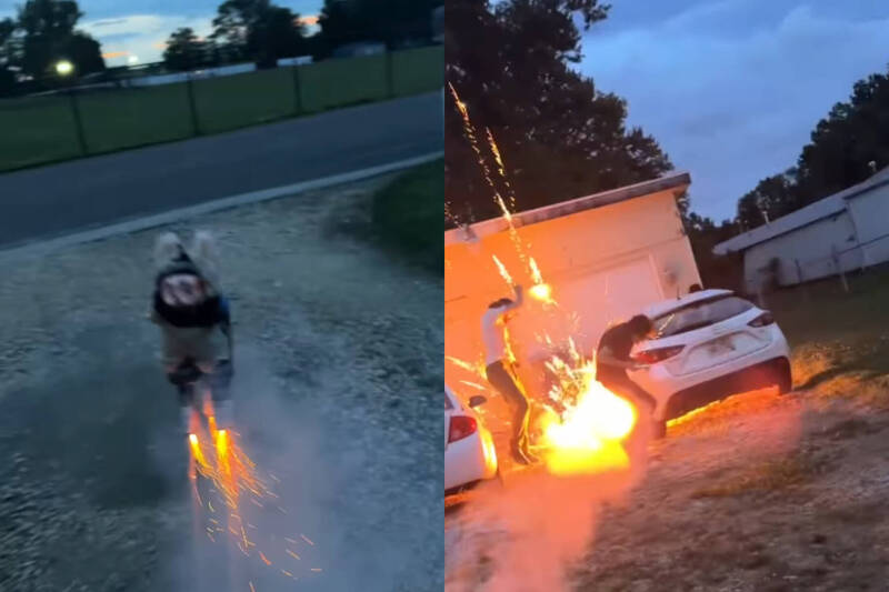 美国一名网友将Labubu绑上烟火,没想到在后方看热闹的友人直接被玩偶「反击」。(本报合成,撷取自andrewjalbrecht/Instagram) 美国一名网友将Labubu绑上烟火,没想到在后方看热闹的友人直接被玩偶「反击」。(本报合成,撷取自andrewjalbrecht/Instagram)