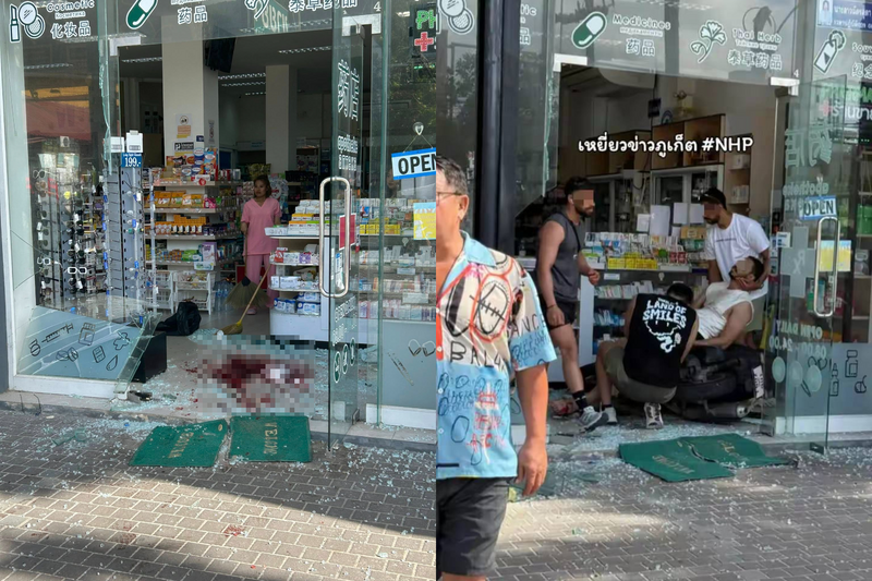 泰国普吉岛近日发生游客骑机车撞进药局的意外。(撷取自Rescue Team Volunteers Phuket/FB) 泰国普吉岛近日发生游客骑机车撞进药局的意外。(撷取自Rescue Team Volunteers Phuket/FB)