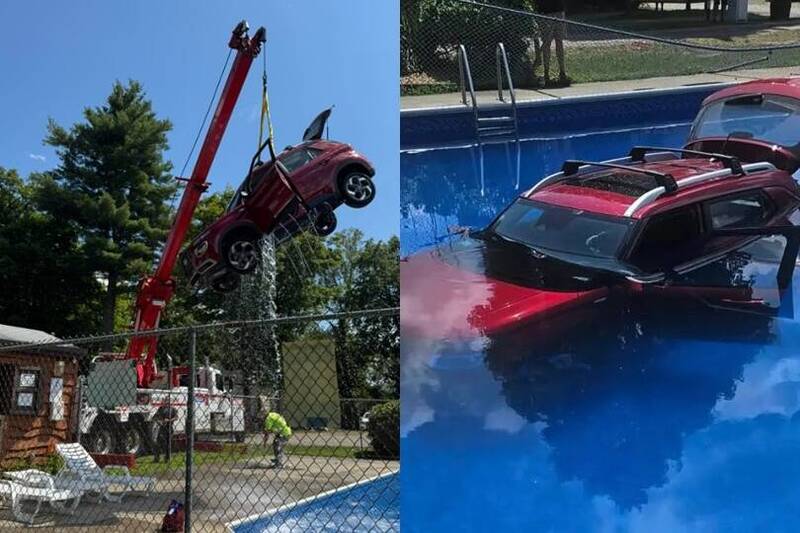 美国一处露营区惊见一辆红色休旅车冲破栅栏，直直开进露营区内的游泳池。（图截自Facebook／Monson Fire Department）