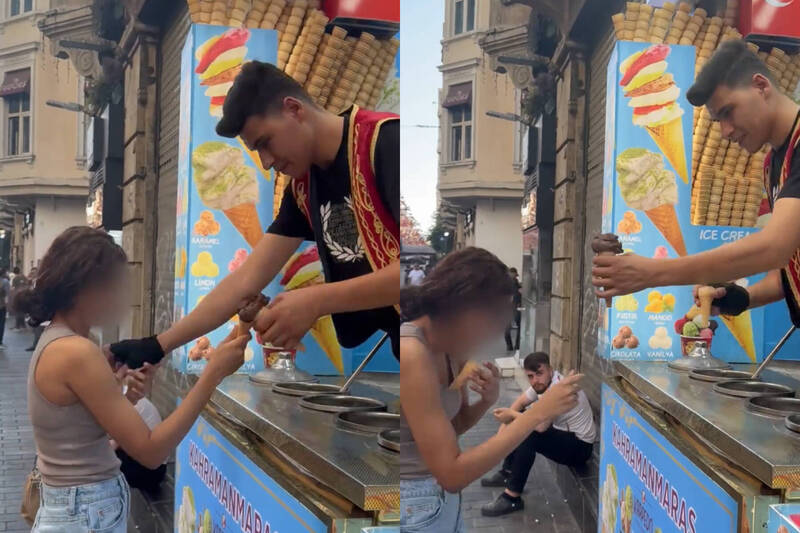 一名女游客在买土耳其冰淇淋期间，摊贩竟直接将甜筒塞进其乳沟。（本报合成，撷取自reddit）