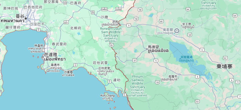 泰国军方宣布在尖竹汶府（Google地图称庄他武里）与达叻府的8个地区实施戒严。（撷取自Google地图）