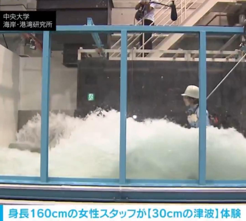 过去日本中央大学海岸港湾研究所曾进行海啸威力的实验，示范高度仅30公分的海啸，其威力是如何轻松冲走一名成年人。（图撷取自@News_ABEMA 社群平台「X」）