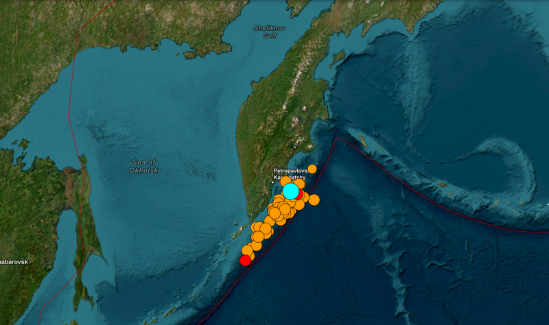 堪察加半岛7/30上午规模8.8强震后,截至下午4点半已连震至少60次。(图翻摄自USGS网站) 堪察加半岛7/30上午规模8.8强震后,截至下午4点半已连震至少60次。(图翻摄自USGS网站)