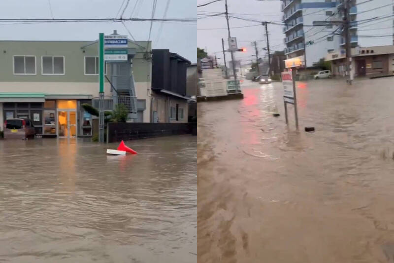 日本福冈县宗像市暴雨成灾，民众纷纷将淹水灾情Po到社群。（本报合成，撷取自@maruedazo、@ichi_bi/X）