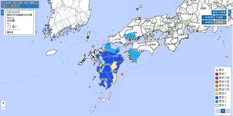 日本宫崎县外海今发生规模5.8地震,各地测得最大震度为「震度4」。(图撷取自日本气象厅) 日本宫崎县外海今发生规模5.8地震,各地测得最大震度为「震度4」。(图撷取自日本气象厅)